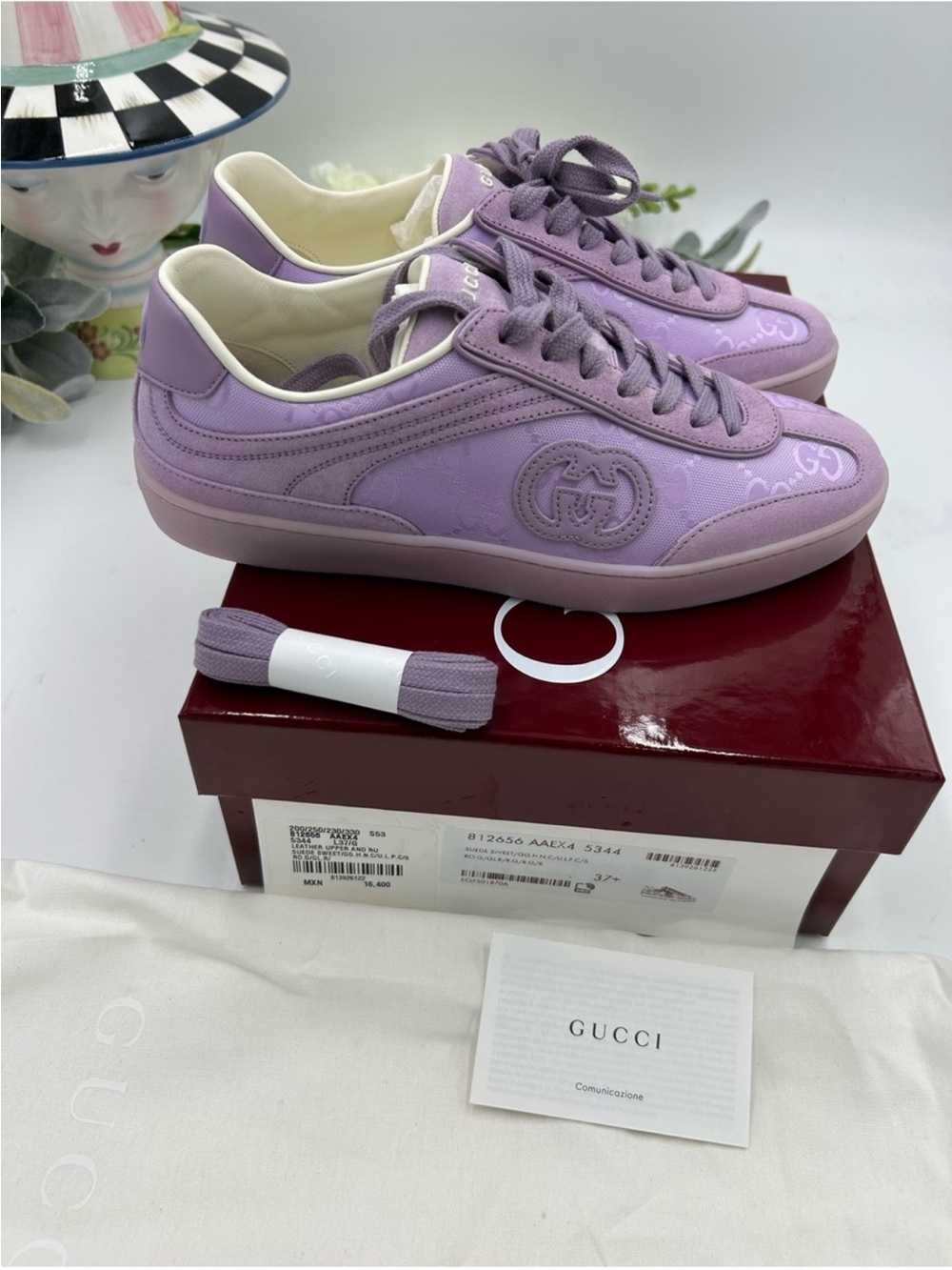Women’s Gucci G 75 lilac suede sneakers interlocking G size 37.5 made in Italy - Picture 9 of 12